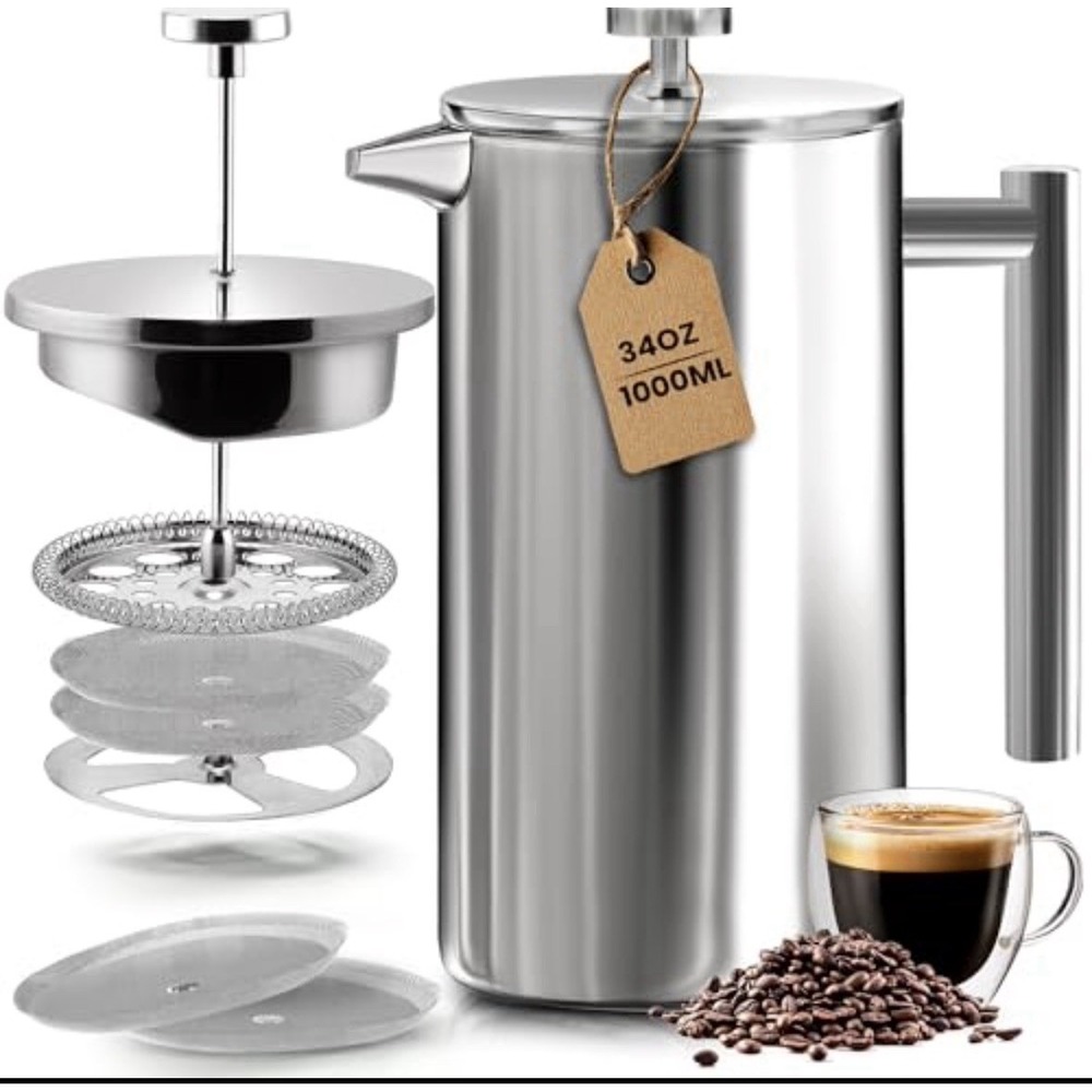 Utopia Kitchen Stainless Steel French Press Coffee Maker 34 Oz 1 Litre